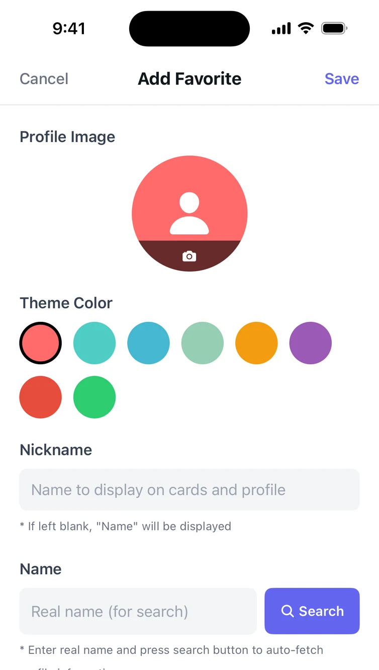 OshiVista add screen: profile photo, theme colour swatches, nickname and name fields with an AI search button.