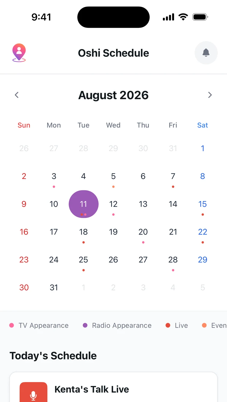 OshiVista schedule screen: a month calendar with colour-coded dots under each date and the day's events listed below.